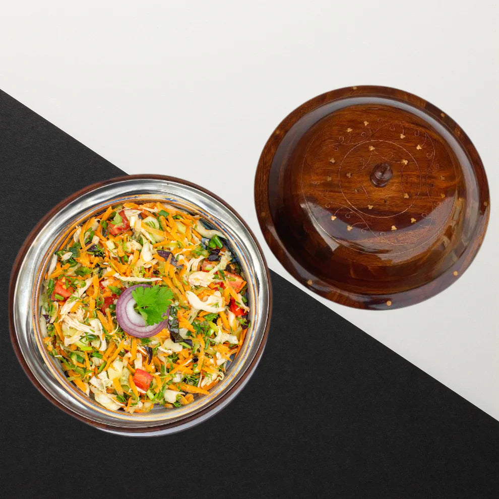 Rustic Wooden Hotpot with Intricate Brass Artistry - Kaalza Cafts