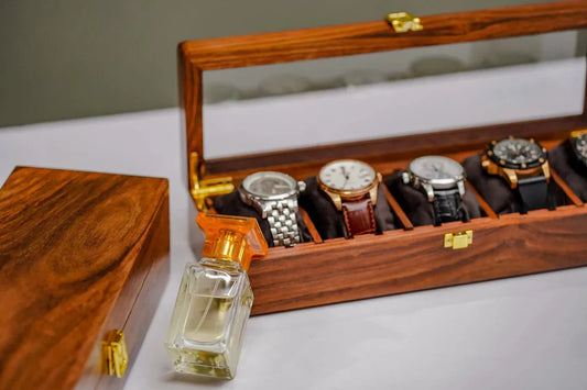 Handmade Wooden Watch Organizer Box with Glass Lid - for 5 Watches - Kaalza Cafts