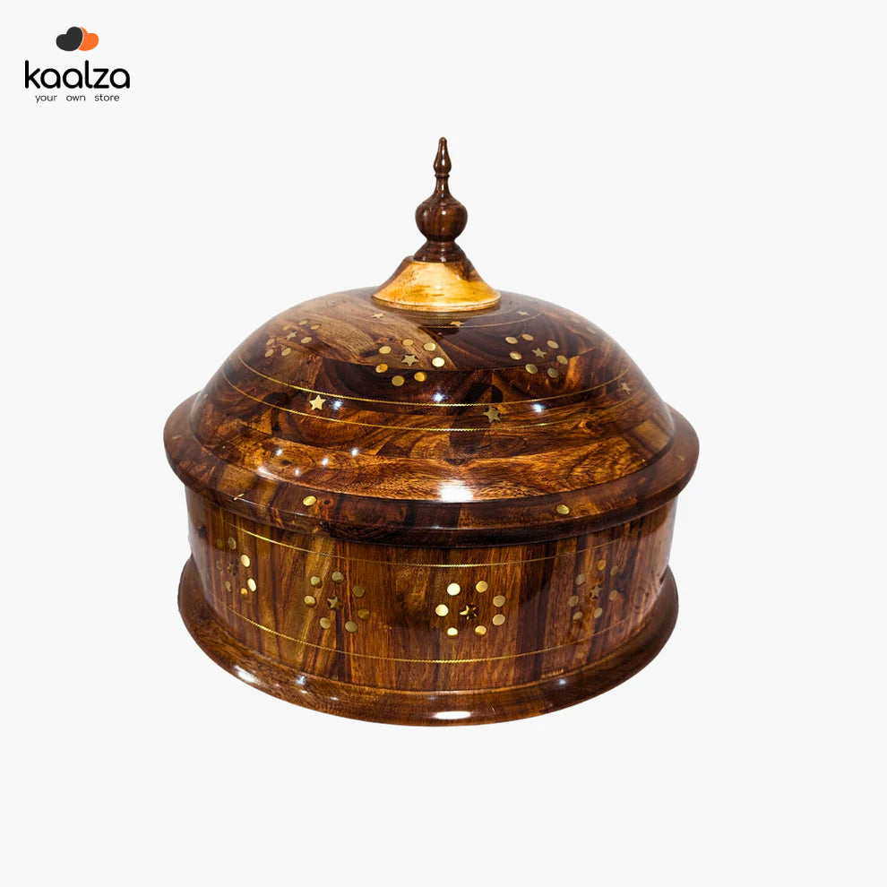 Handmade Wooden Dome Hotpot with Steel Bowl & Brass Art - Kaalza Cafts