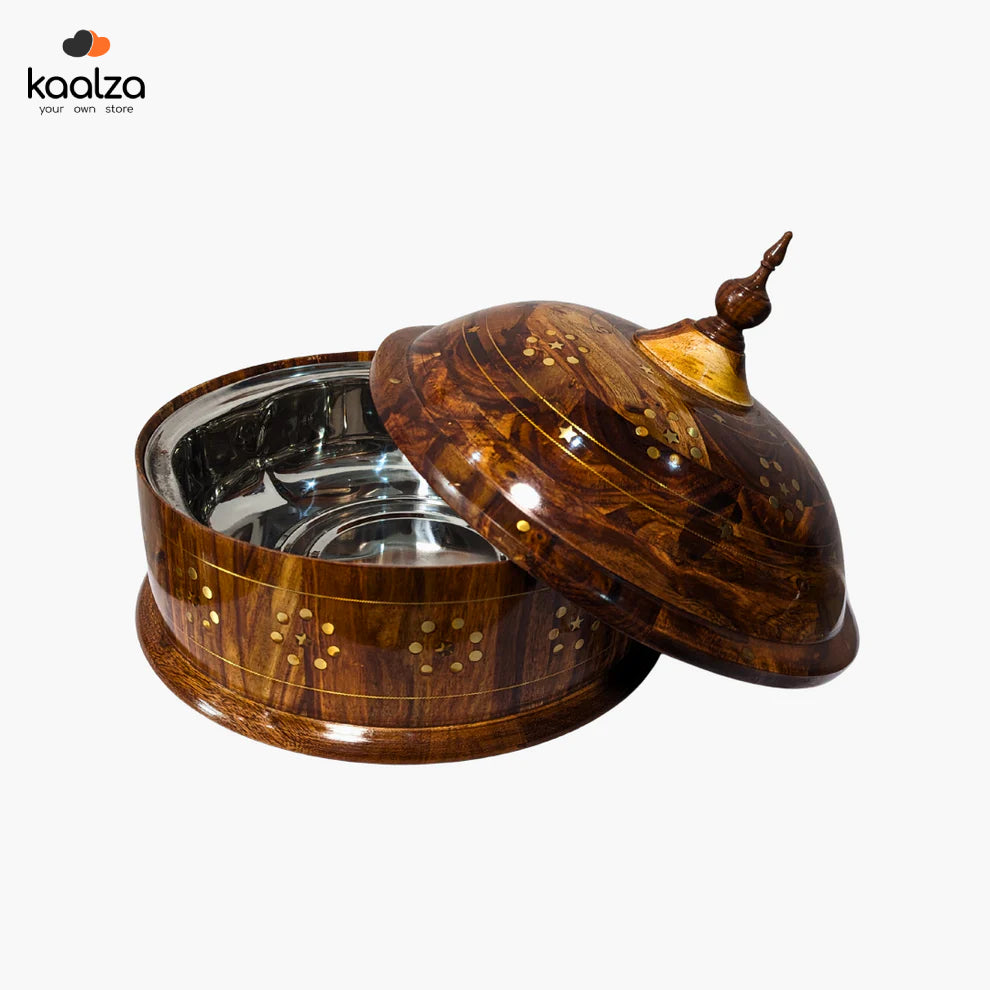 Handmade Wooden Dome Hotpot with Steel Bowl & Brass Art