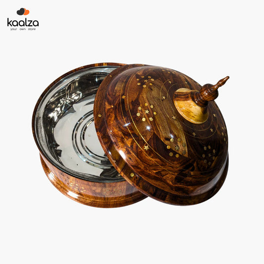 Handmade Wooden Dome Hotpot with Steel Bowl & Brass Art - Kaalza Cafts
