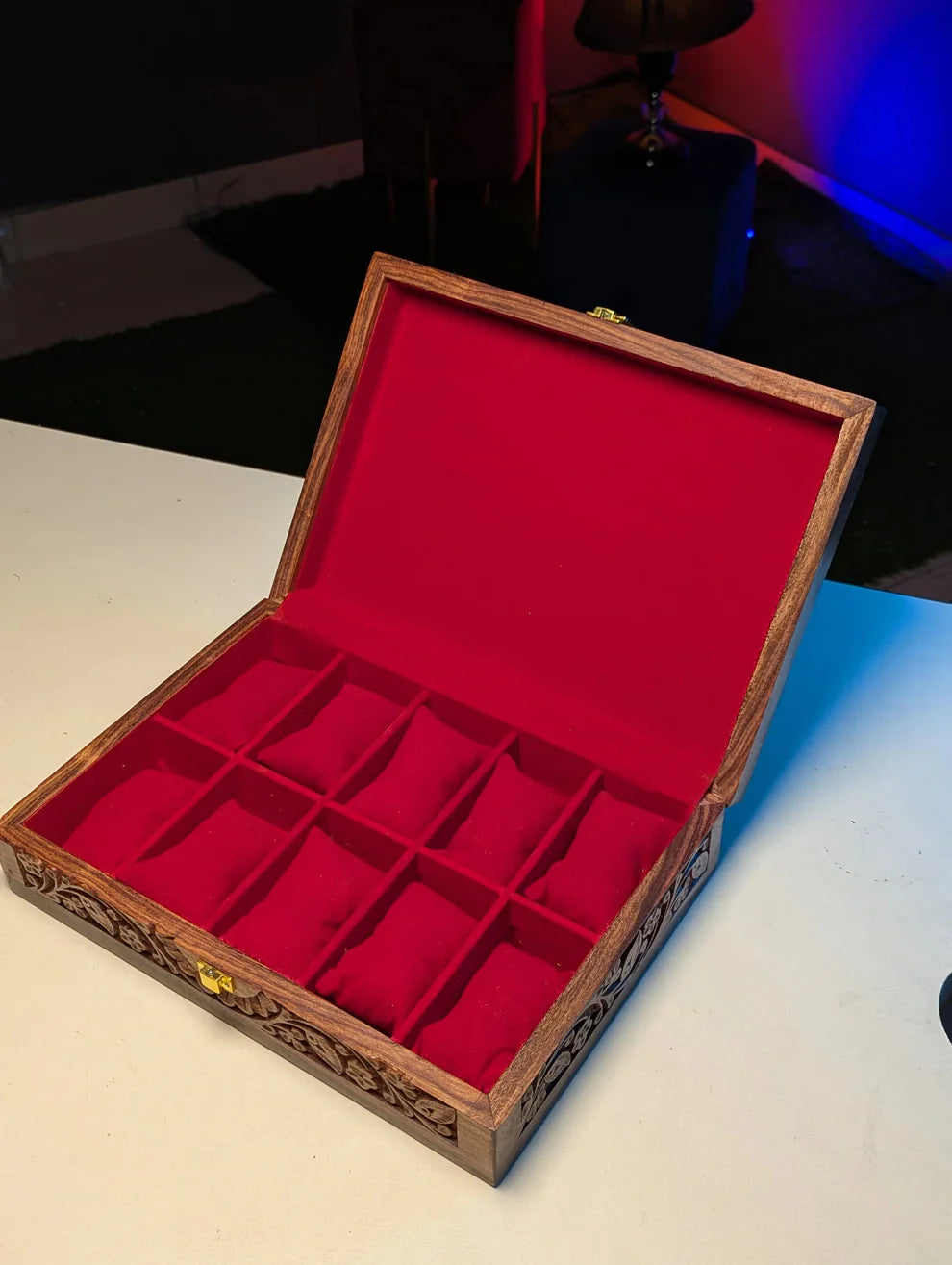 Handmade Wooden Watch Organizer Box with Carving Art - for 10 Watches - Kaalza Cafts