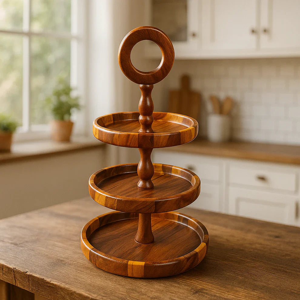 Wooden 3 Tier Round Serving Station - Checkered Pattern - Kaalza Cafts