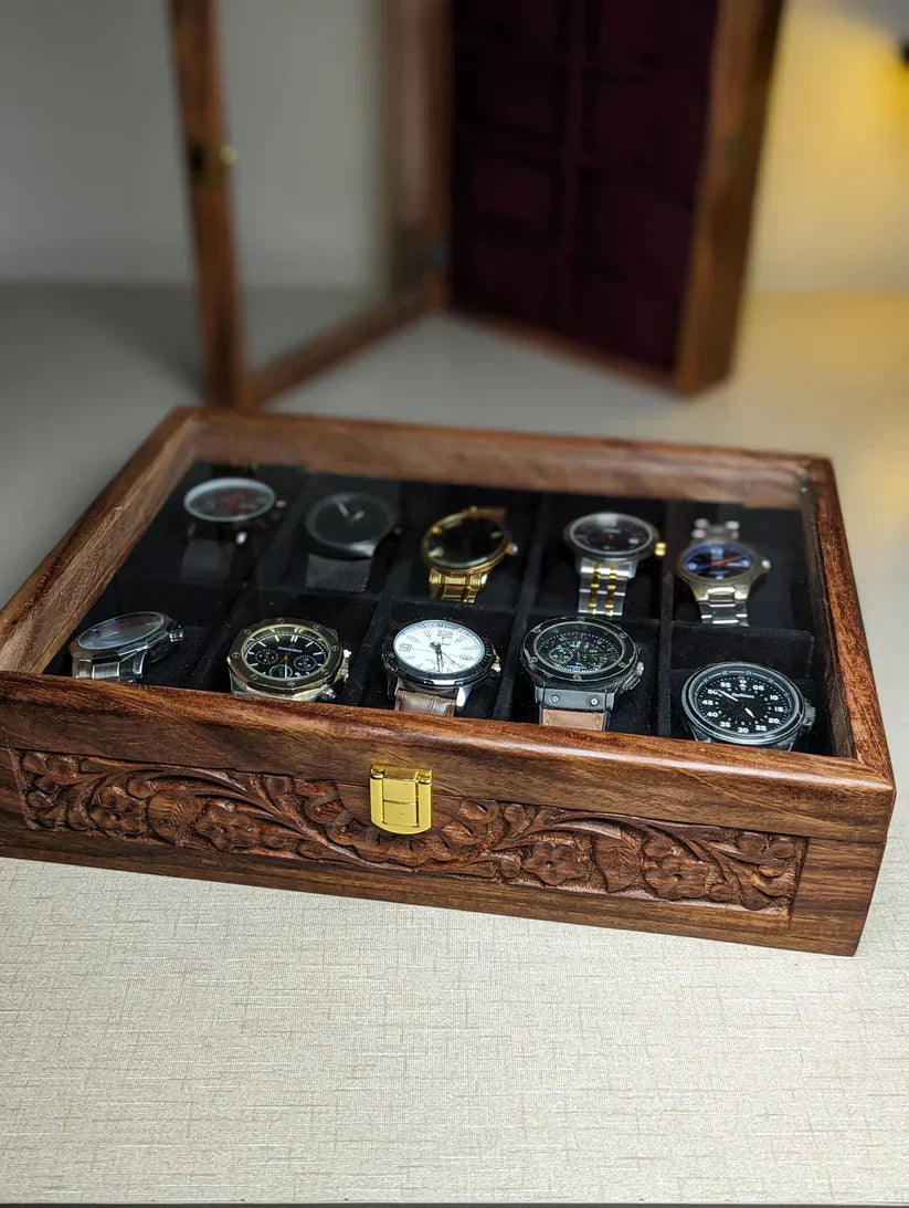 Handmade Wooden Watch Organizer Box with Glass Lid & Carving Art - for 10 Watches - Kaalza Cafts