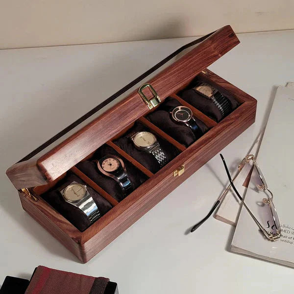 Handmade Wooden Watch Organizer Box with Glass Lid - for 5 Watches - Kaalza Cafts