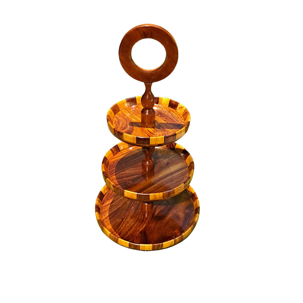 Wooden 3 Tier Round Serving Station - Checkered Pattern