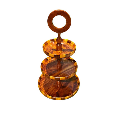 Wooden 3 Tier Round Serving Station - Checkered Pattern