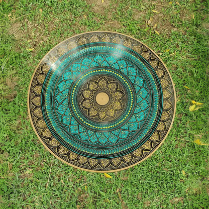 18″ Wooden Round Coffee Table – Emerald & Gold Naqsheen Design - Kaalza Cafts
