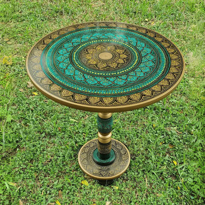 18″ Wooden Round Coffee Table – Emerald & Gold Naqsheen Design - Kaalza Cafts