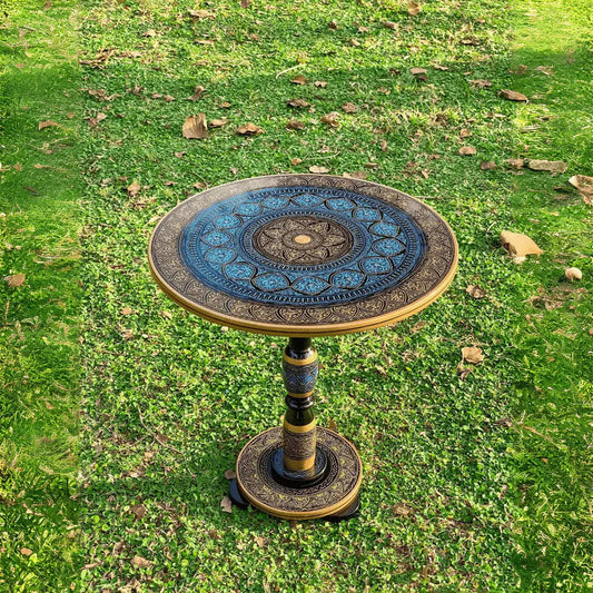 18″ Wooden Round Coffee Table – Royal Blue Naqsheen Design - Kaalza Cafts