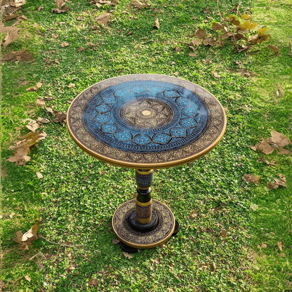 18″ Wooden Round Coffee Table – Royal Blue Naqsheen Design - Kaalza Cafts