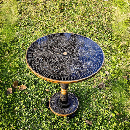 18″ Wooden Round Coffee Table – Jungle Blue Naqsheen Design - Kaalza Cafts