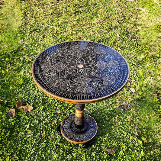 18″ Wooden Round Coffee Table – Jungle Blue Naqsheen Design - Kaalza Cafts