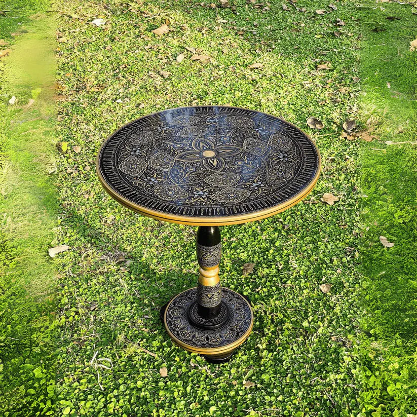 18″ Wooden Round Coffee Table – Jungle Blue Naqsheen Design - Kaalza Cafts