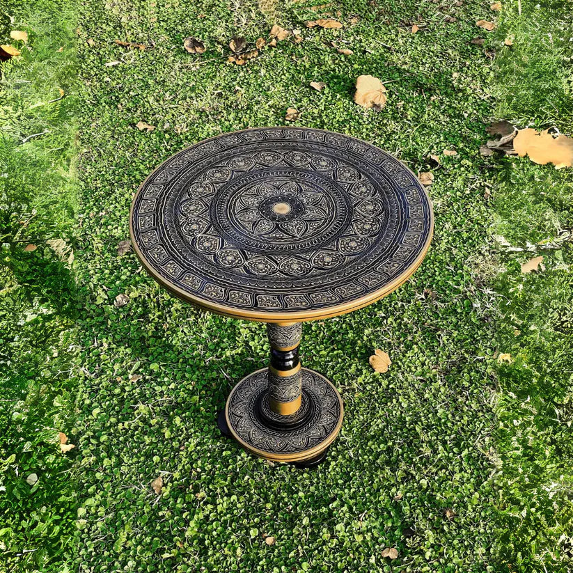 18″ Wooden Round Coffee Table – Midnight Grey Naqsheen Design - Kaalza Cafts