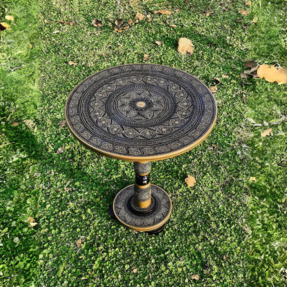 18″ Wooden Round Coffee Table – Midnight Grey Naqsheen Design - Kaalza Cafts