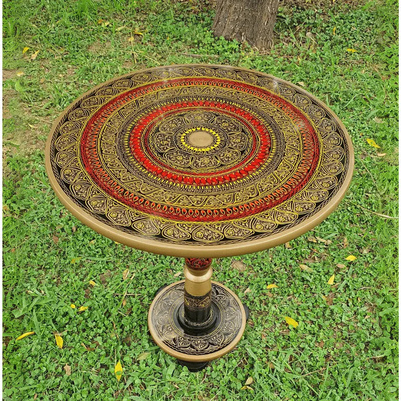 18″ Wooden Round Coffee Table – Regal Red Naqsheen Design - Kaalza Cafts