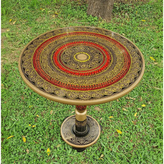 18″ Wooden Round Coffee Table – Regal Red Naqsheen Design - Kaalza Cafts