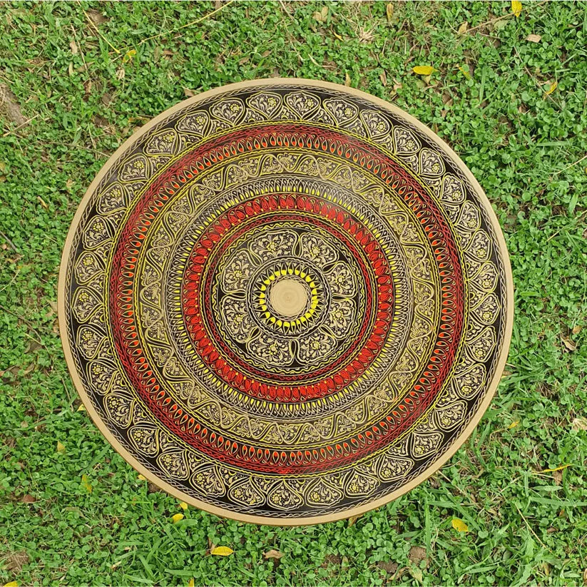 18″ Wooden Round Coffee Table – Regal Red Naqsheen Design - Kaalza Cafts