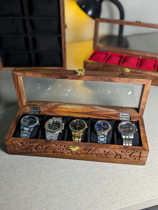 Handmade Wooden Watch Organizer Box with Glass Lid & Carving Art - for 5 Watches
