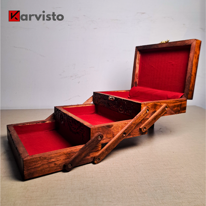 3 Portion Hand Carved Wooden Jewelry Box