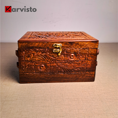 3 Portion Hand Carved Wooden Jewelry Box