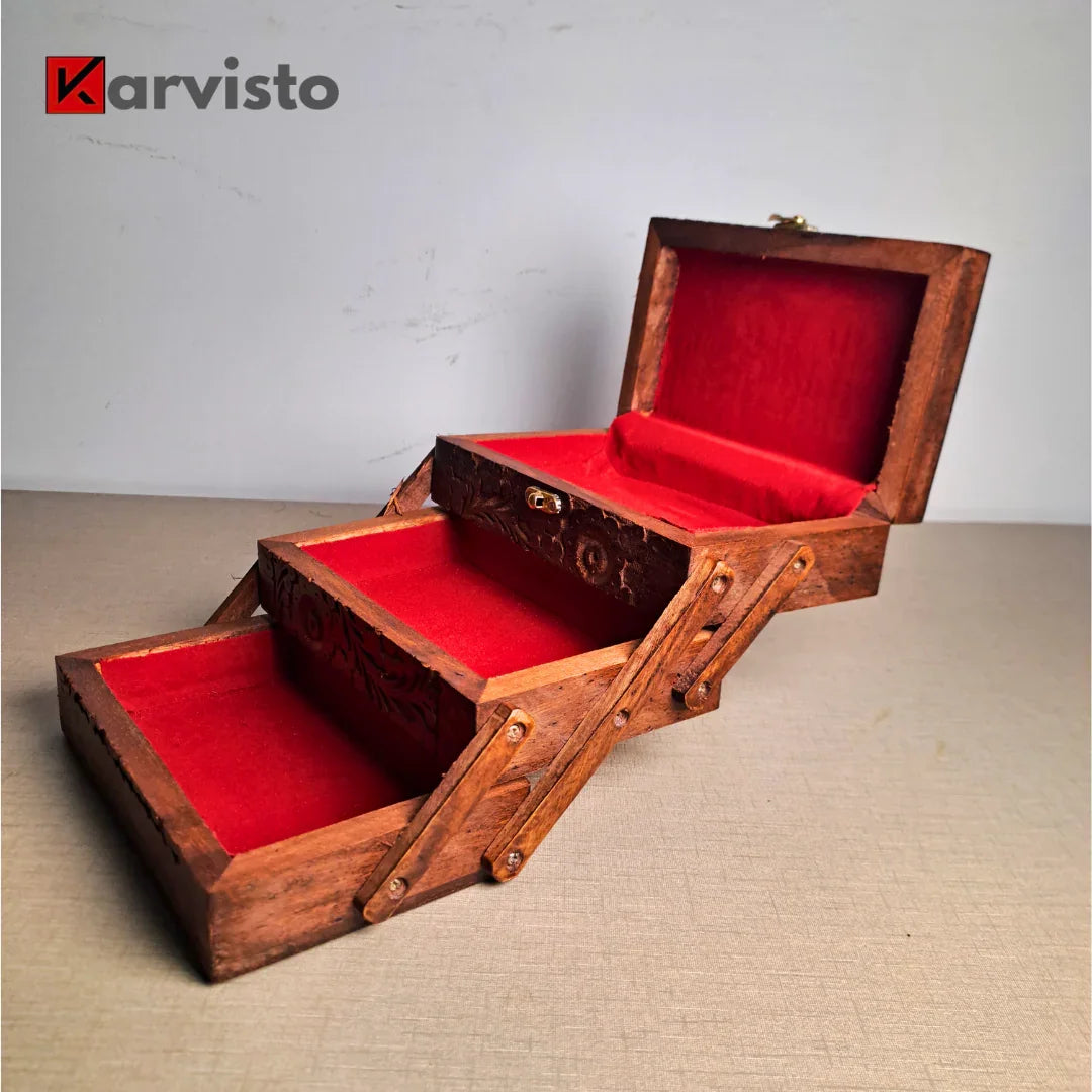 3 Portion Hand Carved Wooden Jewelry Box - Kaalza Cafts