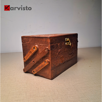 3 Portion Hand Carved Wooden Jewelry Box
