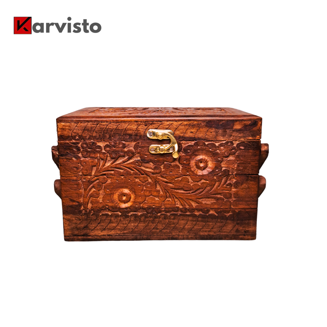 3 Portion Hand Carved Wooden Jewelry Box