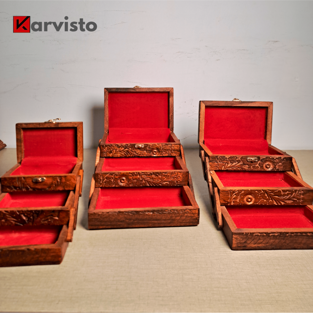 3 Portion Hand Carved Wooden Jewelry Box