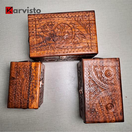 3 Portion Hand Carved Wooden Jewelry Box