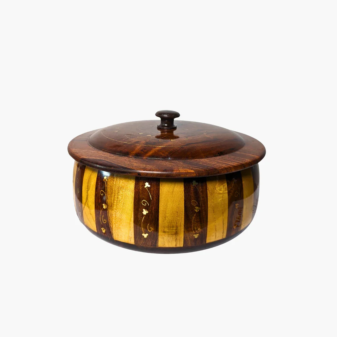 Handmade Wooden Striped Chapati Hotpot with Brass Artistry - Kaalza Cafts