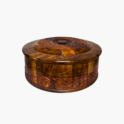 Handmade Wooden Chapati Hotpot with Carving & Brass Artwork