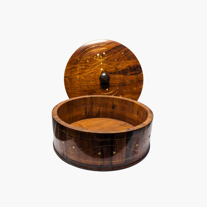 Handmade Wooden Chapati Hotpot with Brass Artwork