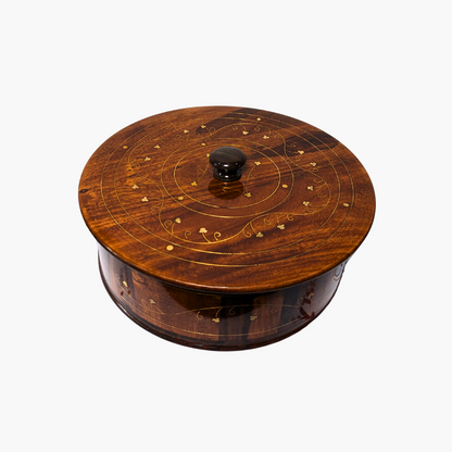 Handmade Wooden Chapati Hotpot with Brass Artwork