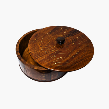 Handmade Wooden Chapati Hotpot with Brass Artwork