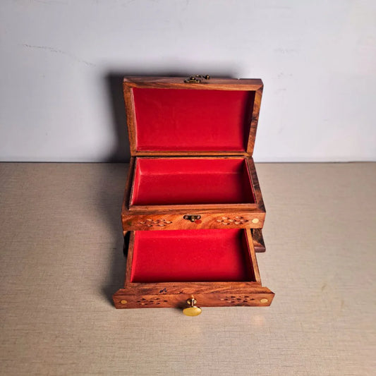 Hand-Carved Shesham Wood Jewelry Box with Drawer - 7x10 Inches