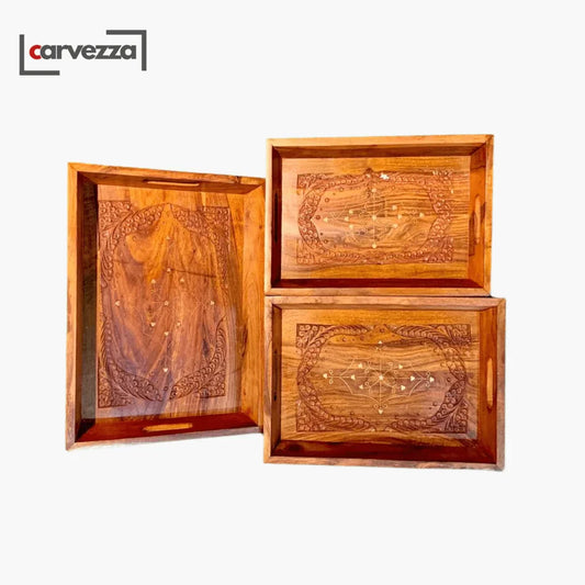Hand Carved Wooden Tray Set (3 Trays)