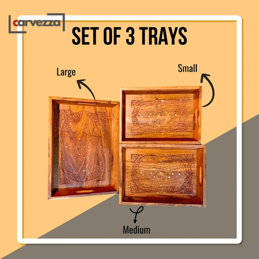 Hand Carved Wooden Tray Set (3 Trays)