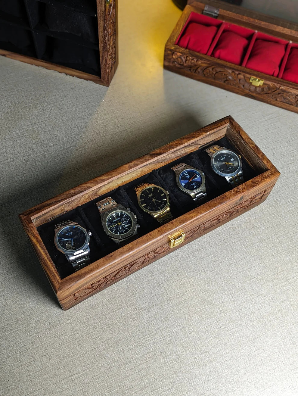 Handmade Wooden Watch Organizer Box with Glass Lid & Carving Art - for 5 Watches - Kaalza Cafts