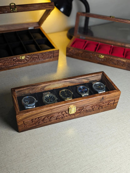 Handmade Wooden Watch Organizer Box with Glass Lid & Carving Art - for 5 Watches