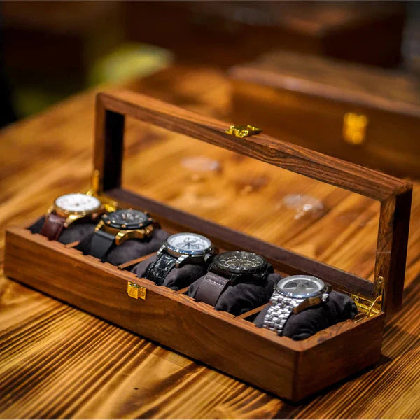 Handmade Wooden Watch Organizer Box with Glass Lid - for 5 Watches