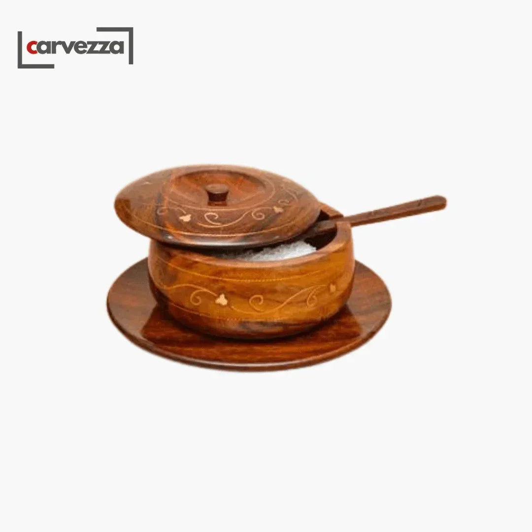 Wooden Sugar Pot with Brass Engraving - Kaalza Cafts