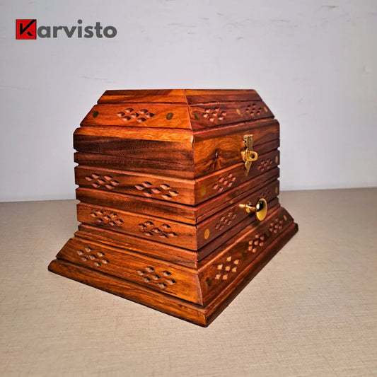 Set of 2 Hand-Carved Shesham Wood Jewelry Boxes - 9x12" and 7x10"