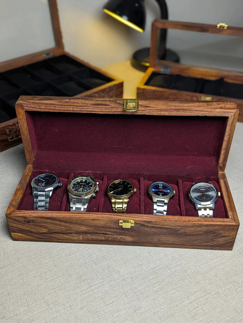 Handmade Wooden Watch Organizer Box - for 5 Watches - Kaalza Cafts