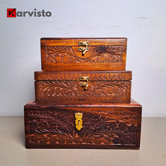 Set of 3 Hand Carved Wooden Jewelry Boxes - 6x9", 7x10", and 8x12"