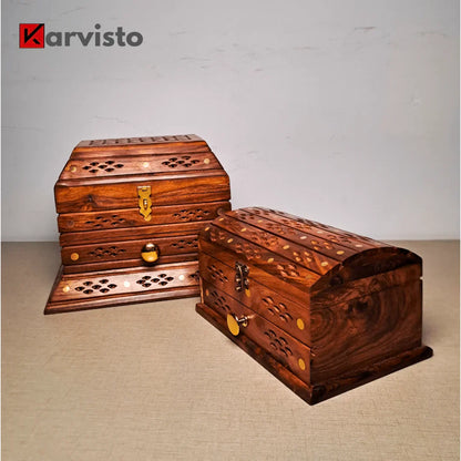 Set of 2 Hand-Carved Shesham Wood Jewelry Boxes - 9x12" and 7x10"