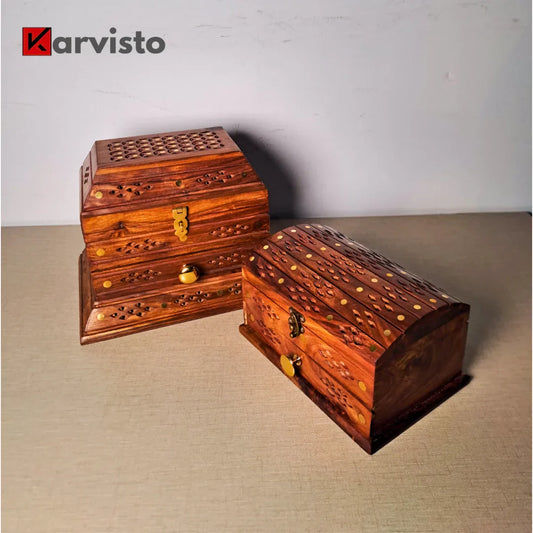 Set of 2 Hand-Carved Shesham Wood Jewelry Boxes - 9x12" and 7x10"