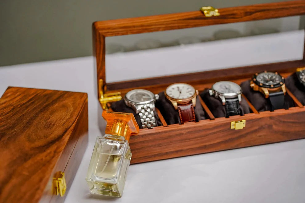 Handmade Wooden Watch Organizer Box with Glass Lid - for 5 Watches