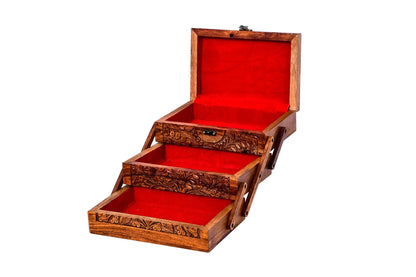 3 Portion Hand Carved Wooden Jewelry Box